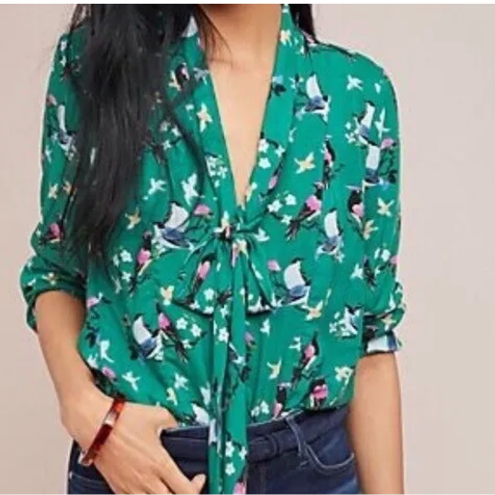 Like New Anthropologie Conversations 20 of 52 Jade Bird Bow Blouse